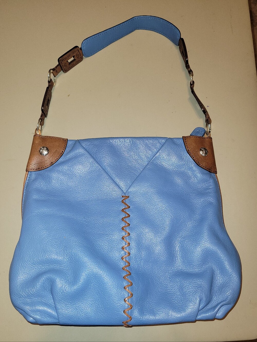 Brighton Blue Leather Shoulder Bag with Brown Trim.  Super Soft!